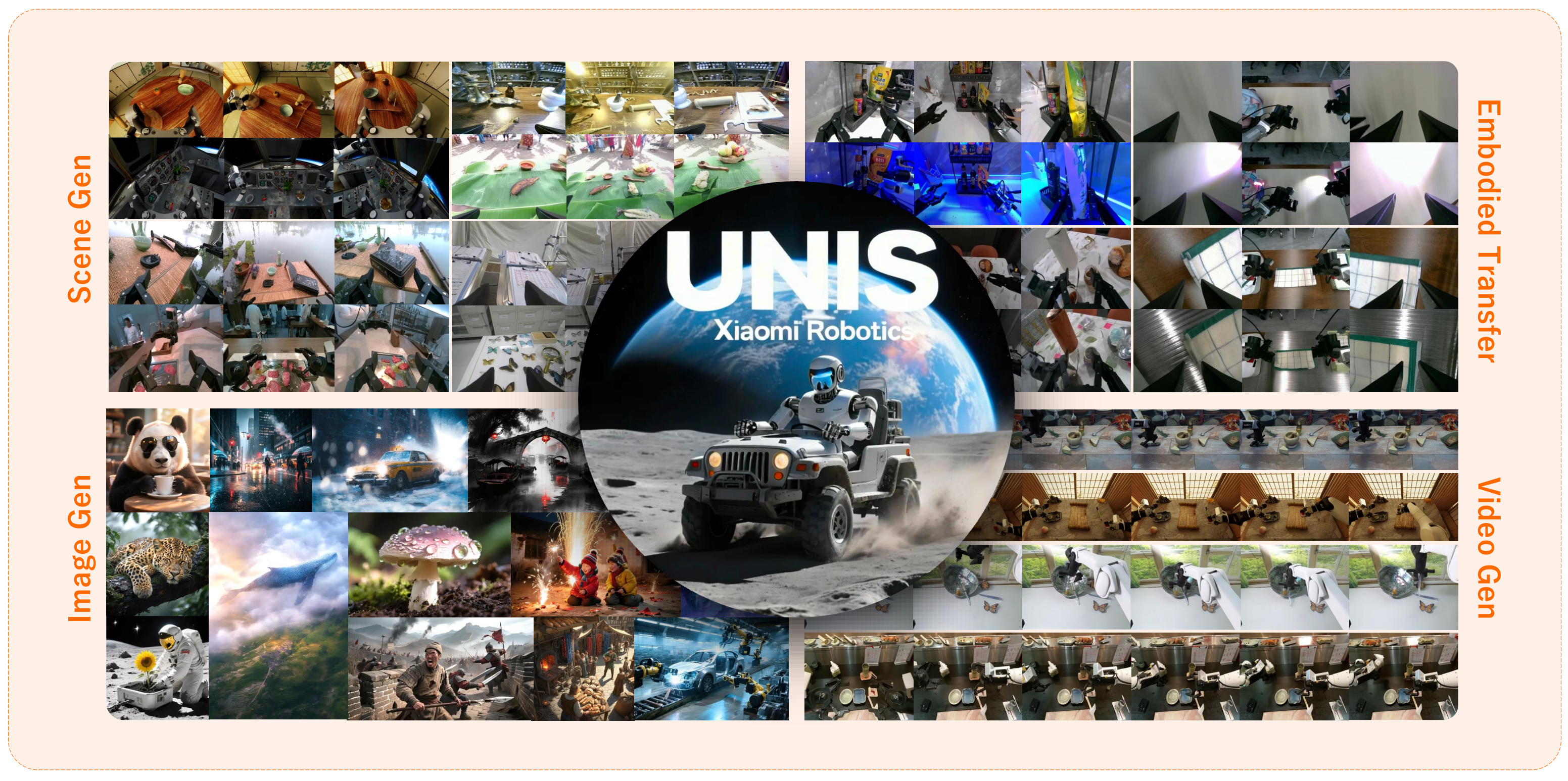 Xiaomi-Robotics-U0 task examples across image generation, embodied scene generation, transfer, and video generation.