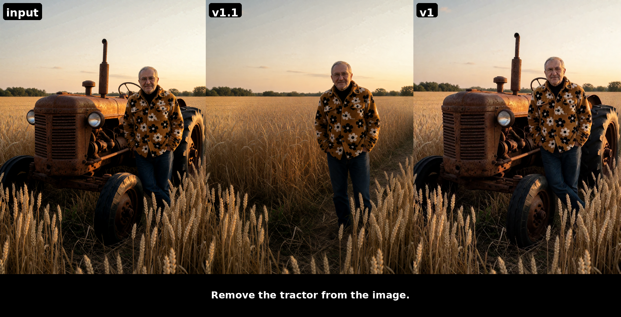Object removal — v1.1 removes and resolves the pose; v1 ignores the instruction