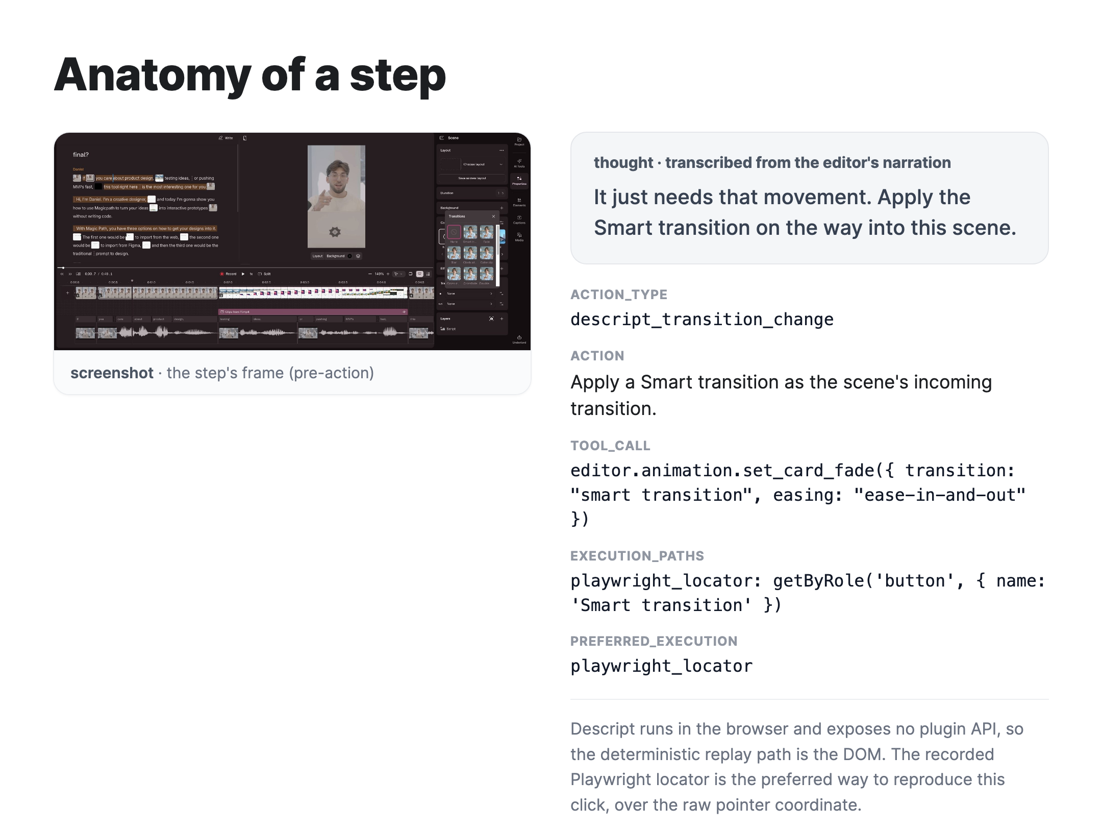 Anatomy of a step: a screenshot paired with a thought transcribed from the editor's narration, plus the structured action fields (action_type, tool_call, execution_paths, preferred_execution).
