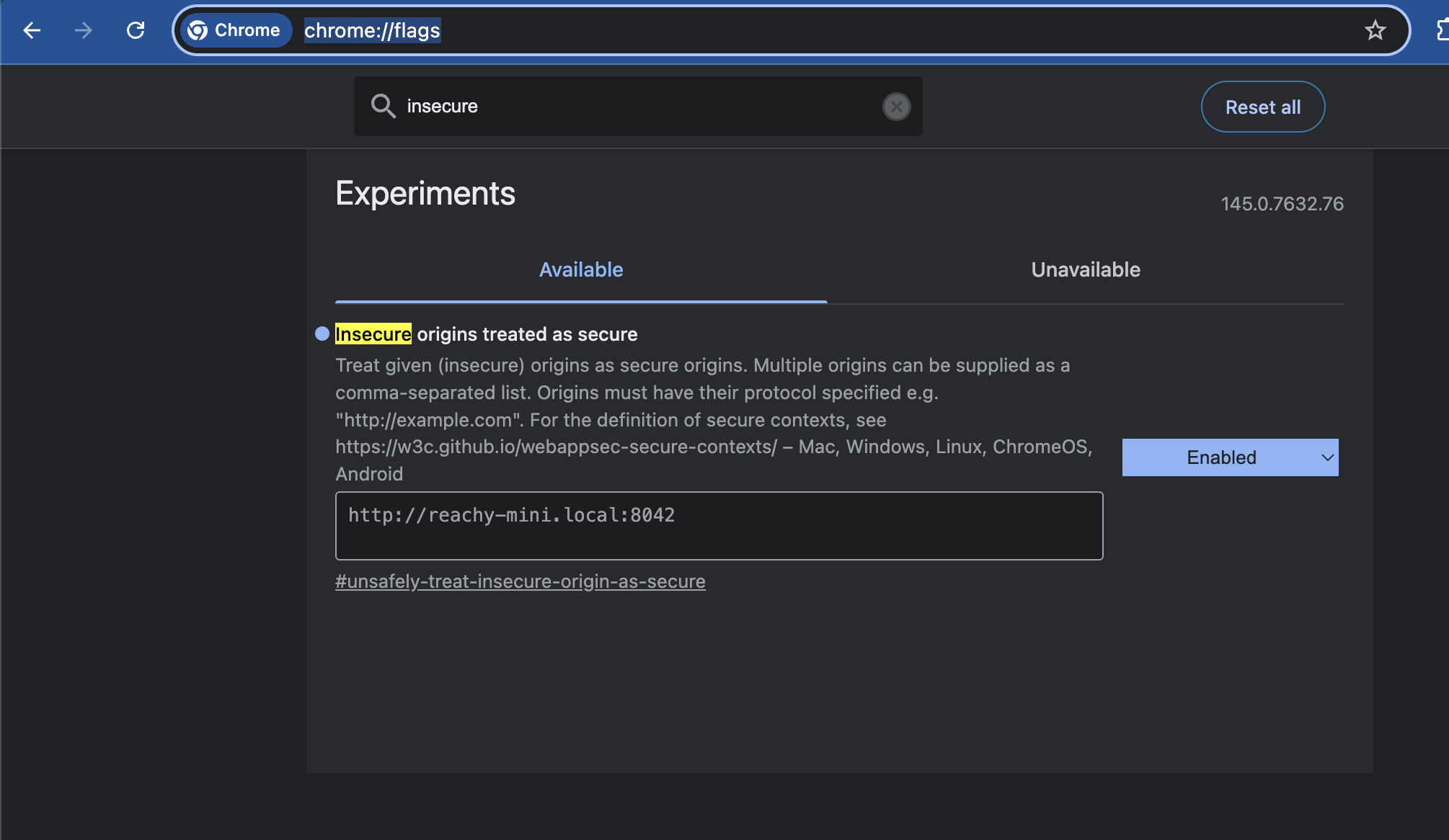 Chrome flags setting for insecure origins treated as secure